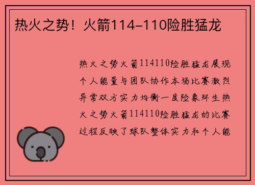 热火之势！火箭114-110险胜猛龙